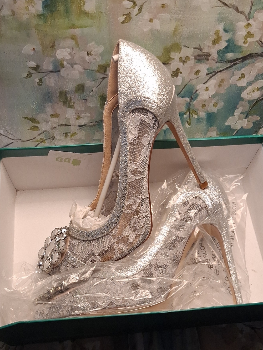 Lauren Lorraine Silver Glitter Lace Pointed-Toe Heels with Crystal Cluster - Picture 5 of 10